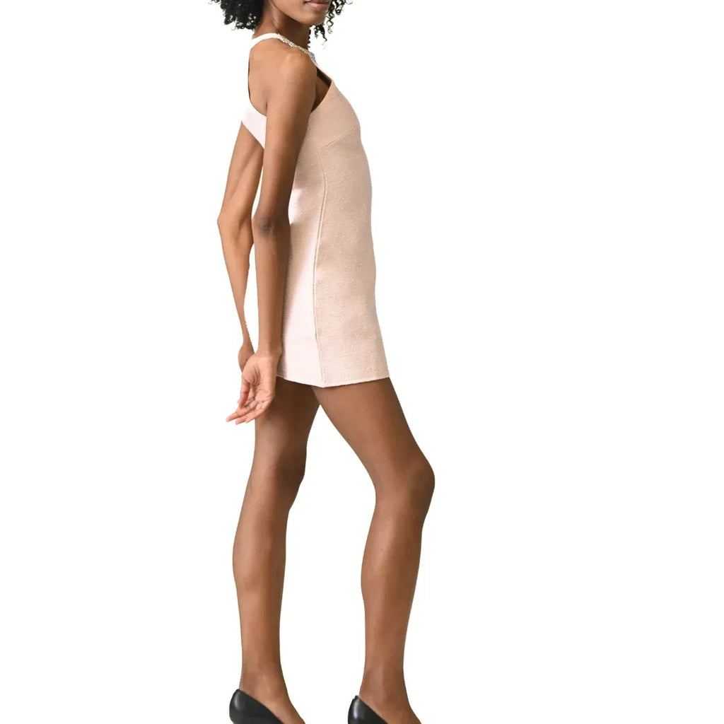 Open Back Pink Dress With A Beaded Neckline