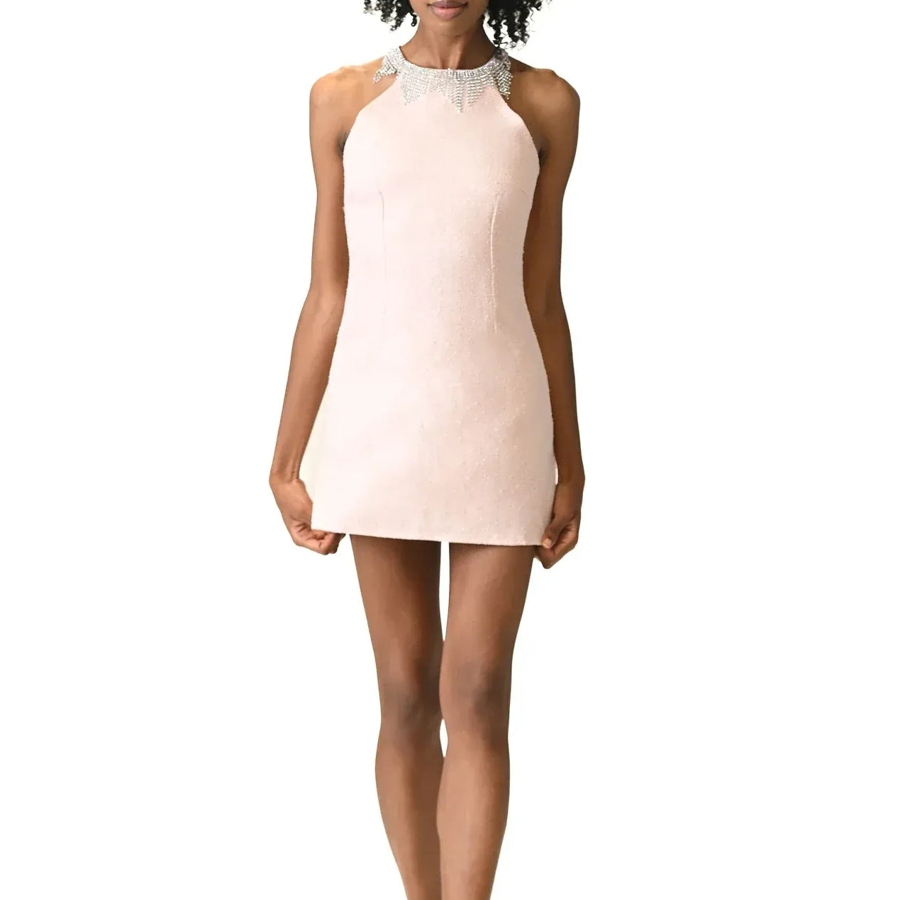 Open Back Pink Dress With A Beaded Neckline