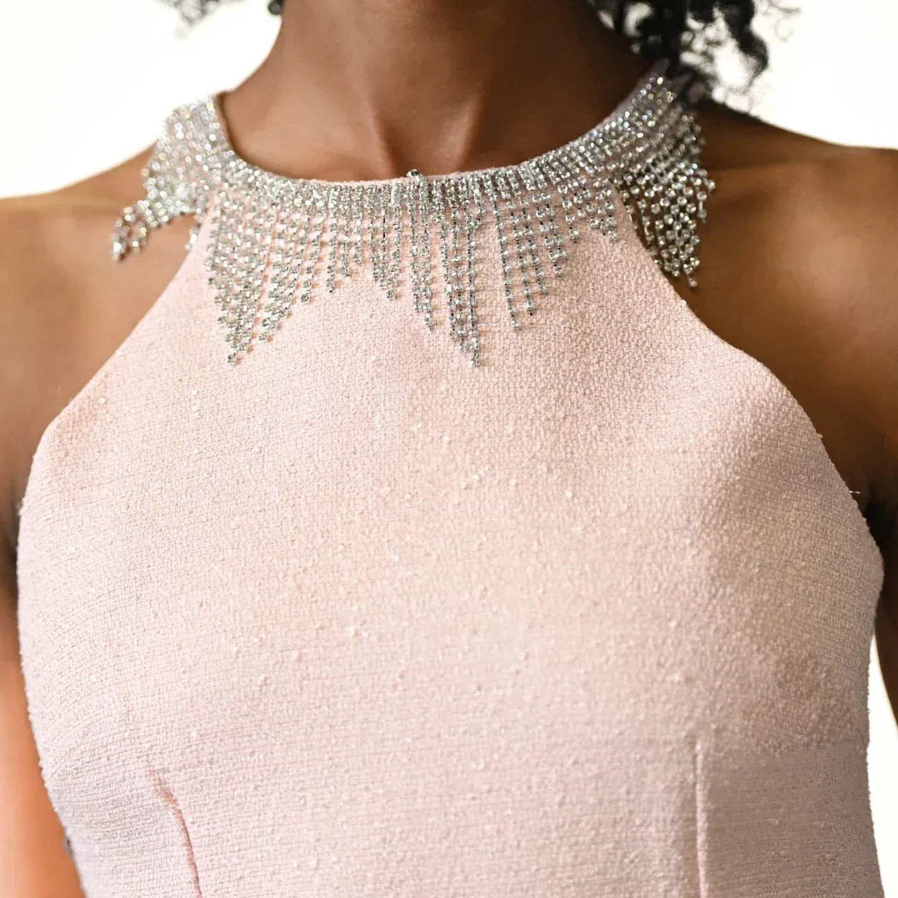Open Back Pink Dress With A Beaded Neckline